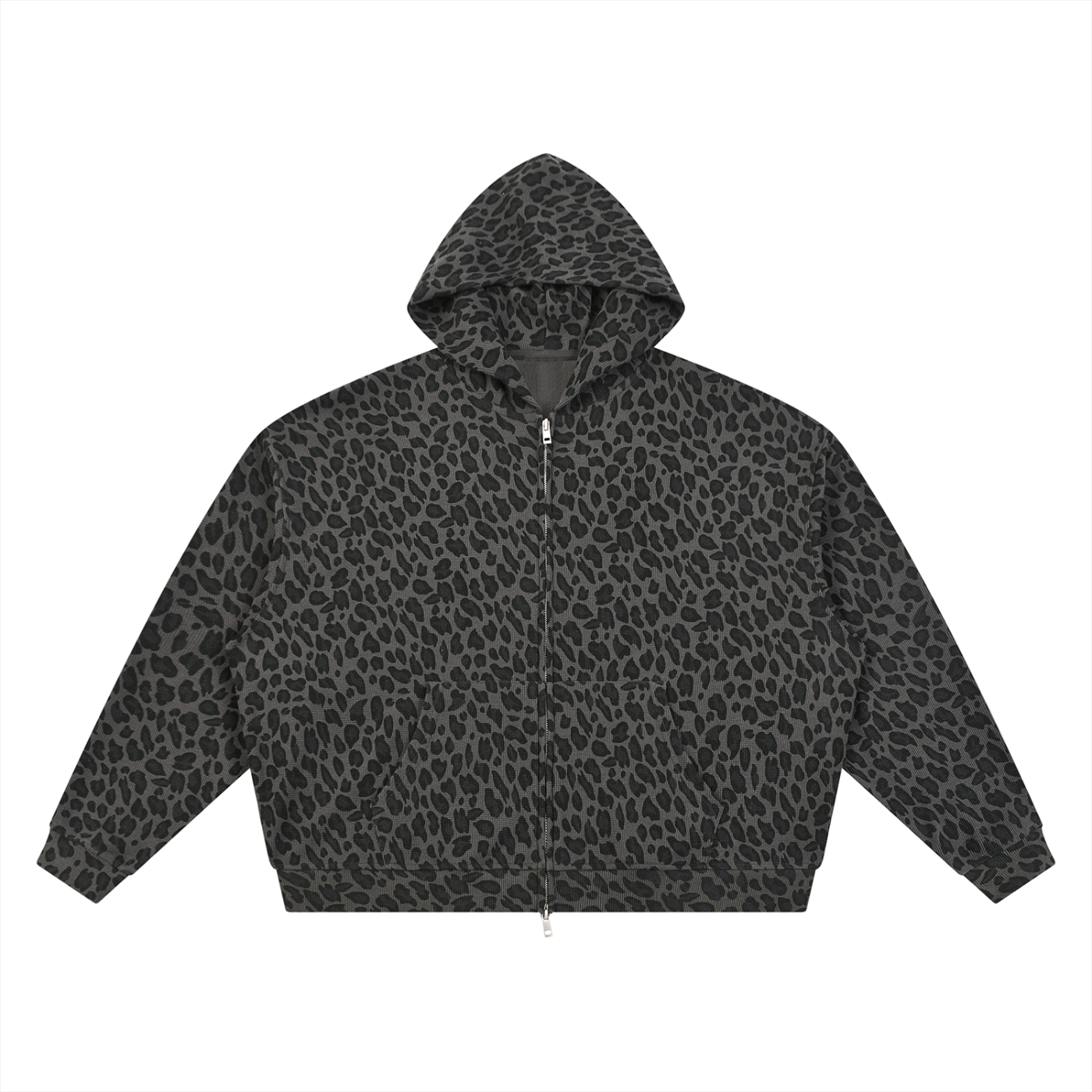 Leopard Print Waffle Full Zip Hoodie
